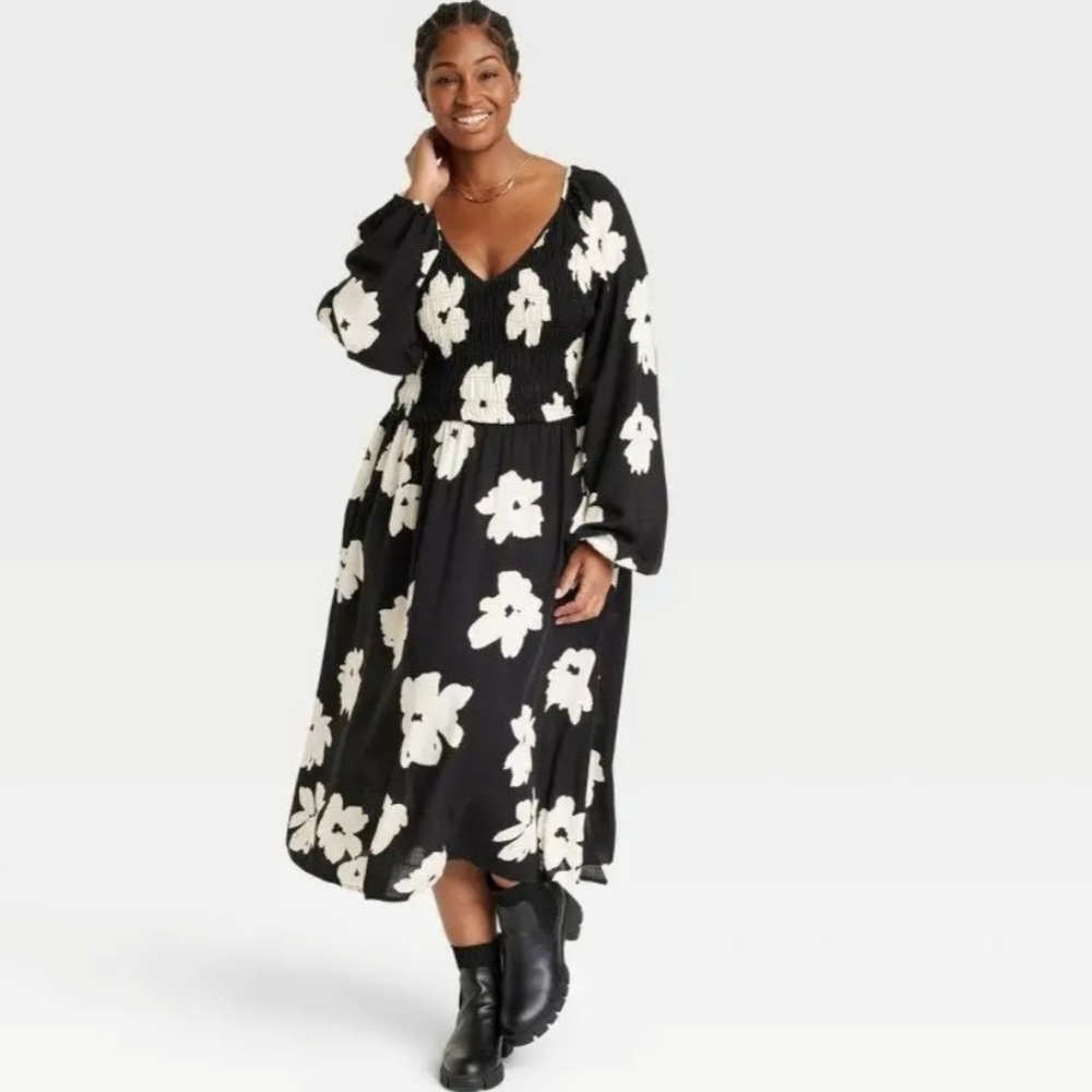 Ava & Viv dress 4x BLACKwhite shirred balloon sleeve